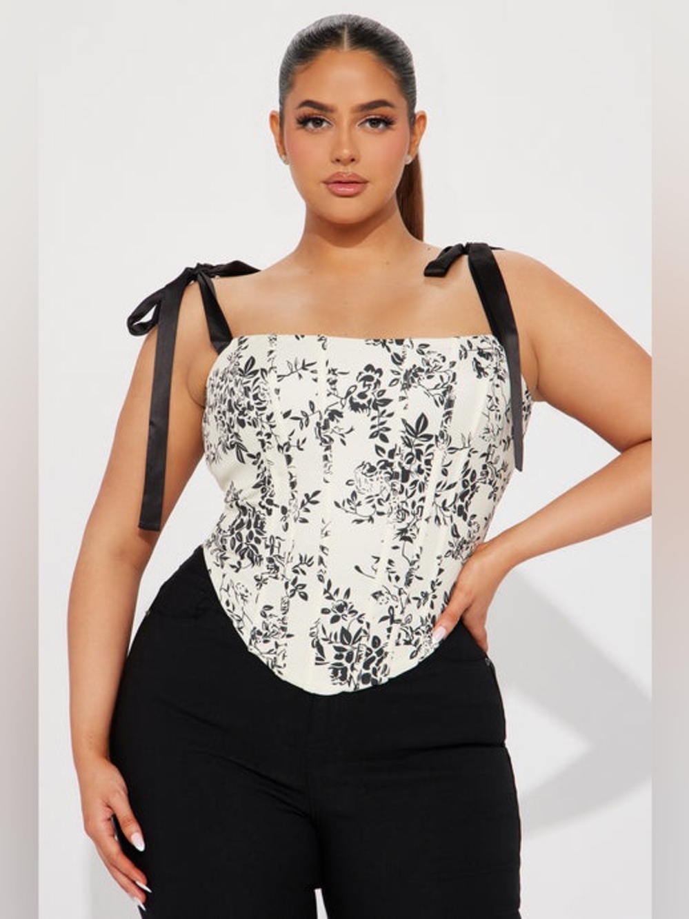 NWT Fashion Nova Jayla Floral Corset Top Black White Shoulder Tie Whimsygoth